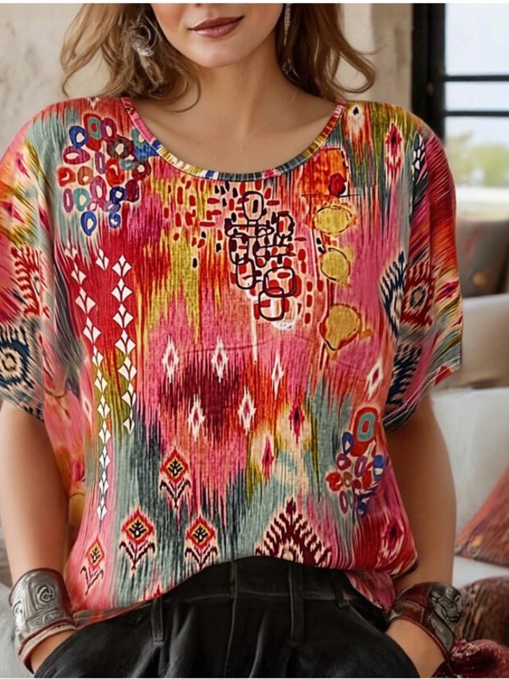 NWOT- Boho Multi‑Color Printed Women’s Short Sleeve Top. Size Small